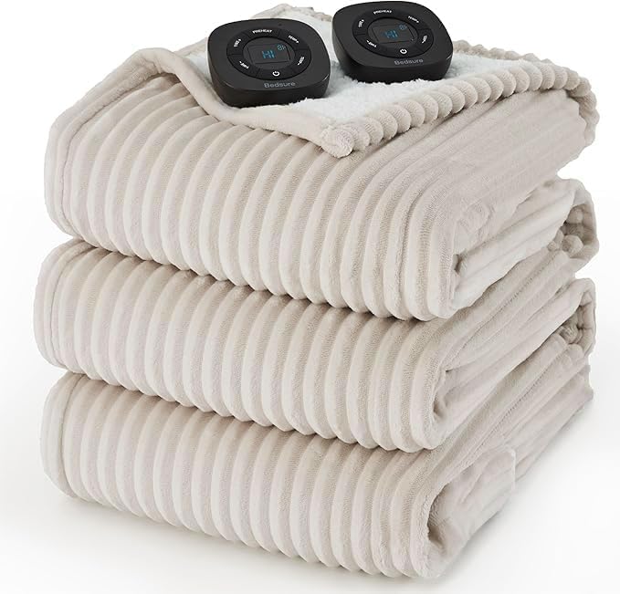 Bedsure GentleSoft Electric Blanket King Size - Soft Ribbed Flannel Heated Blanket with Dual Control, Heating with 10 Heat Settings & 10 Time Settings, 8 hrs Timer Auto Shut Off (90x100 inches, Cream)