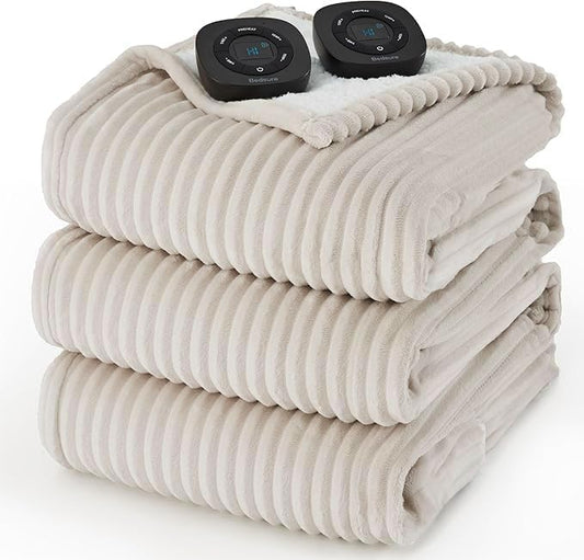 Bedsure GentleSoft Electric Blanket King Size - Soft Ribbed Flannel Heated Blanket with Dual Control, Heating with 10 Heat Settings & 10 Time Settings, 8 hrs Timer Auto Shut Off (90x100 inches, Cream)
