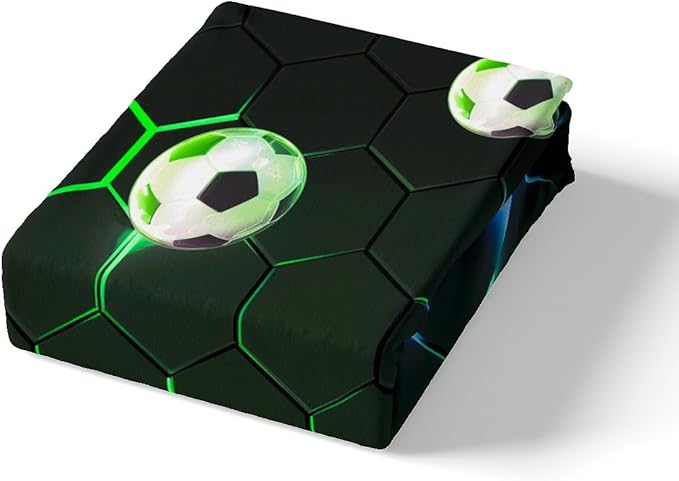 Castle Fairy Sports Football Duvet Cover Set Twin Size,Green and Blue Honeycomb Hexagon Comforter Cover for Kids Boys,Geometric Theme Bedding Set with 1 Pillowcase Soft Polyester Bedspread