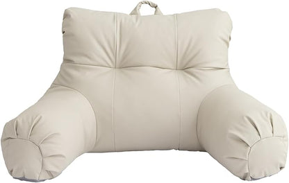 A Nice Night Faux Leather Reading Pillow for All Season,Wedge Bedrest Pillow Backrest with Arms Back Support for Sitting Up in Bed/Couch,Natural