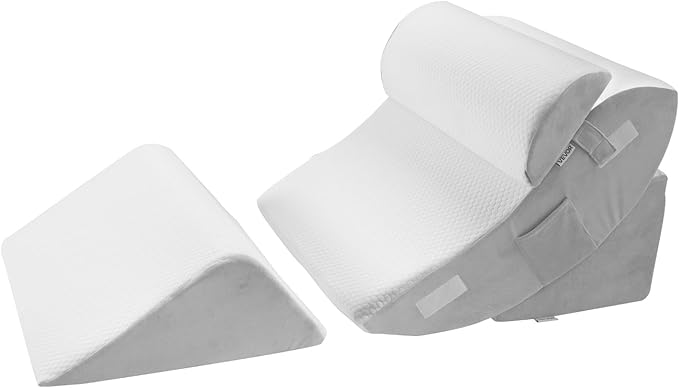 VEVOR Wedge Pillow for Sleeping, 4 Pcs Adjustable Orthopedic Bed Wedge Set, Support Leg Neck Shoulder, Post Surgery Pillow for Back Pain, Acid Reflux, Snoring Relief, Sitting up in Bed, White/Grey