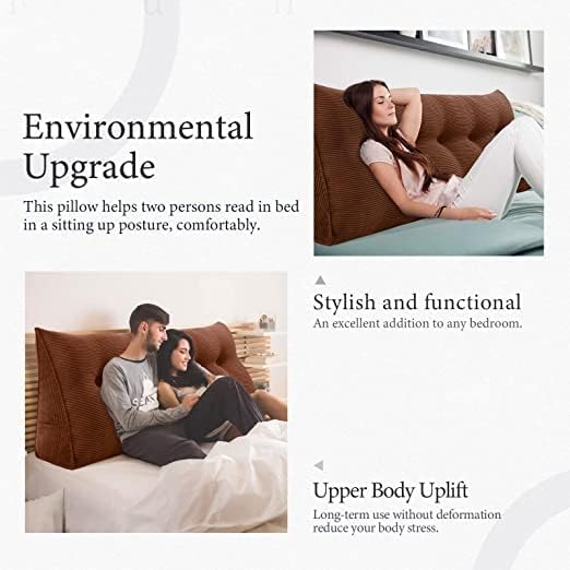 Wedge Headboard Pillow Dorm Room Reading Pillow Back Support for Sitting Up in Bed Bolster Lumbar Cushion Body Positioning Bedrest Corduroy (Coffee, Queen (59 * 8 * 20in))