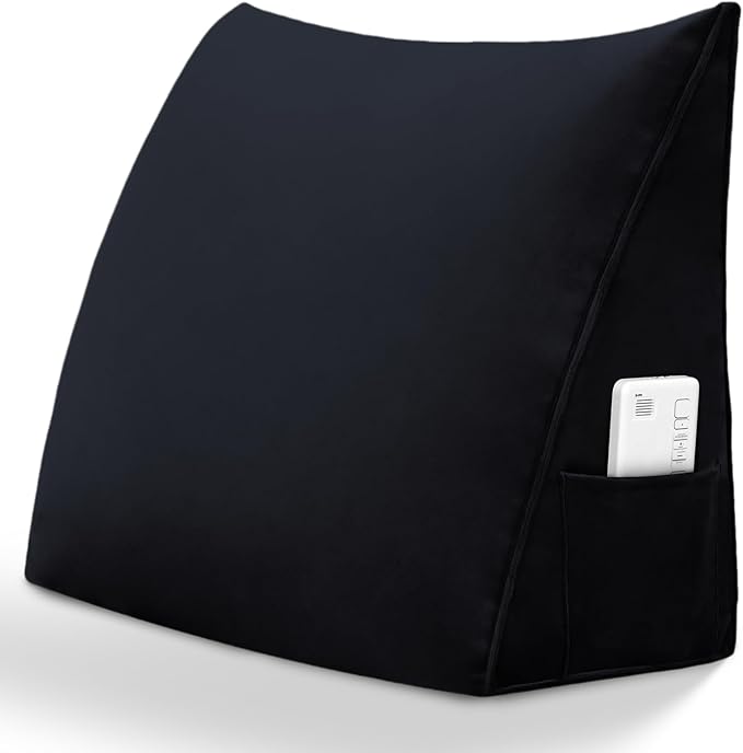 Triangular Reading Pillow Wedge Headboard Back Support Pillow for Sitting up in Bed Daybed Bolster Backrest Couch Sofa Corner Cushion Medium Velvet Black