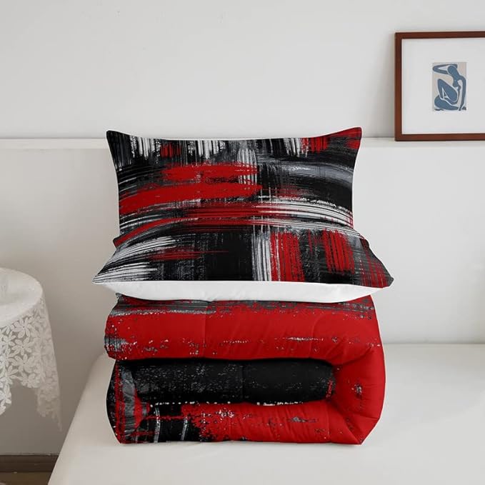 Feelyou Red Black and Grey Comforter Geometric Artistic Smear Comforter Set Abstract Graffiti Art Bedding Set Contemporary Modern Brush Design Duvet Set Room Decor Quilt Set King Size