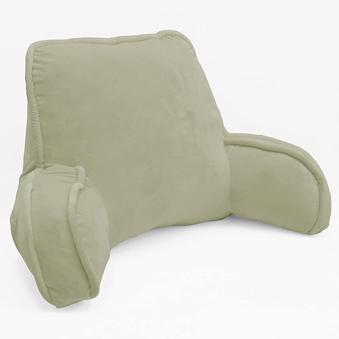 Super Soft Velvety Backrest Reading Bed Rest Pillow with Arms and Pockets 18" H for Sitting in Bed Couch Sofa, Back Support Wedge Cushion with Removable Cover, 20" x 18" x17", Slate Green