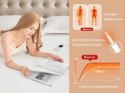 Bwarm Waterproof Heated Mattress Pad, ETL Certified Bed Warmer with Memory Function 9 Heat Settings, 1-12 Hours Auto Off Deep Pocket, Machine Washable, White Queen