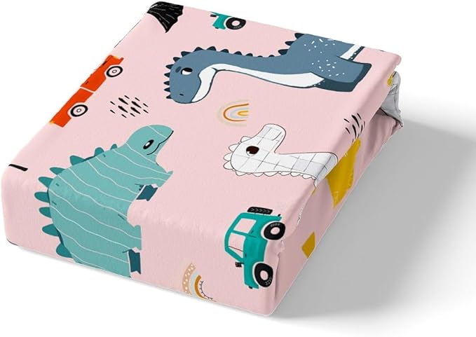 Cute Dino Kids Bedding Set Twin Size,Cartoon Cars Dinosaur Rainbow Print Comforter Cover Set for Kids Girls,Kawaii Animal Vehicle Drawn Pink Bedding Quilt Cover Set Bedroom Decor, 2 Pcs