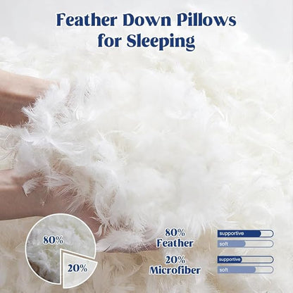 puredown® Feather Pillows with 100% Cotton Cover, Set of 2 Gusseted Bed Pillows for Sleeping, Queen Size
