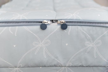 Beddy's Bow & Ribbon Themed Durable Zipper Bedding for Kids, Bed in a Bag, Baby Blue Comforter & White Pinstripe Sheets, Includes Pillowcase & Pillow Sham, Easy to Make & Wash