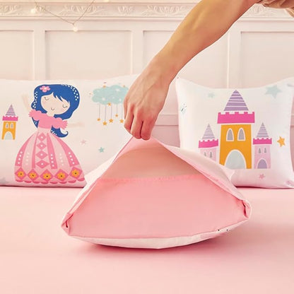 ANGIYUIN Princess Fairy Tales Twin Size Comforter Set for Girls Cartoon Rainbow Love Kids Bed in A Bag with Sheets Cute and Soft Bedding Set for All Season(Princess, Rainbow, Castel, White)