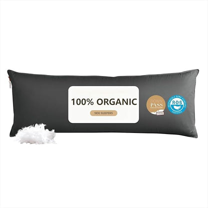 Goose Down Body Pillows for Adults, Large Body Pillow for Side Sleeper, Hugging Feather Body Pillow Insert, Cooling Full Length Long Pillow for Bed with 100% Organic Cotton Shell, (Black 20"x60")
