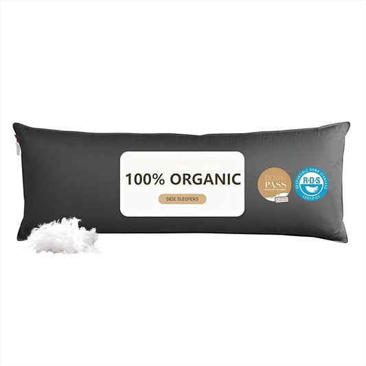 Goose Down Body Pillows for Adults, Large Body Pillow for Side Sleeper, Hugging Feather Body Pillow Insert, Cooling Full Length Long Pillow for Bed with 100% Organic Cotton Shell, (Black 20"x72")