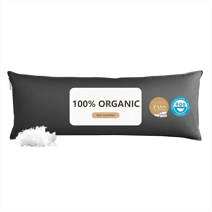 Goose Down Body Pillows for Adults, Large Body Pillow for Side Sleeper, Hugging Feather Body Pillow Insert, Cooling Full Length Long Pillow for Bed with 100% Organic Cotton Shell, (Black 20"x54")