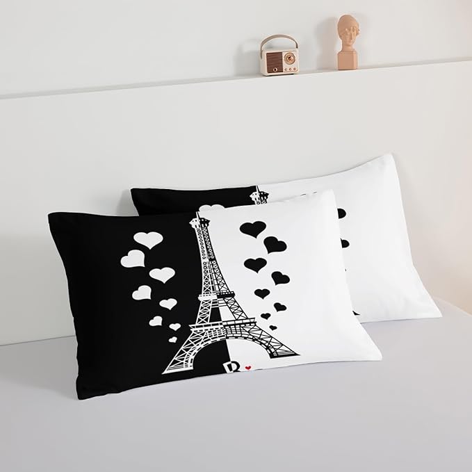 HOSIMA Black and White Stitching Love Heart Paris Bedroom Comforter Set,Eiffel Tower Modern French Style Bedroom Decor,Romantic Sweet Couple Queen Size Comforter with 2 Pillow Cases.