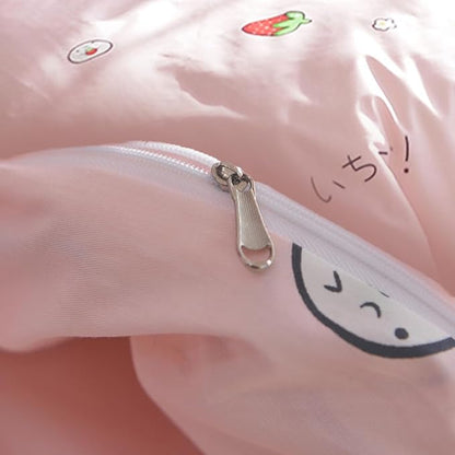 AOJIM Strawberry Kids and Adults Duvet Cover Queen Size, 100% Cotton Pink Anime Bedding Comforter Cover Set 3pcs with Zipper Closure, 1 Cute Soft Quilt Cover and 2 Pillowcases for Room Decor, No Duvet
