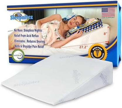 Sleepnitez Fsa Eligible 8" Bed Wedge Pillow – Memory Foam Wedge for Sleeping, Acid Reflux Pillow for Snoring, GERD, Pregnancy – Luxurious 3.25" Memory Foam Top Layer