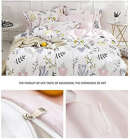 BuLuTu Floral Love Print Girls Duvet Cover Full Size White/Pink Cotton Premium Blossom Kawaii Reversible Kids Bedroom Comforter Cover Bedding Sets for Toddler,Teen,Breathable,Lightweight,Zipper