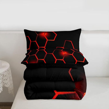 Feelyou Honeycomb Kids Comforter Set ModernHexagon Bedding Set for Boys Teens Decor Geometrical Comforter Beehive Geometric Black Red Duvet Set King Size with 3 Pillow Case Boys