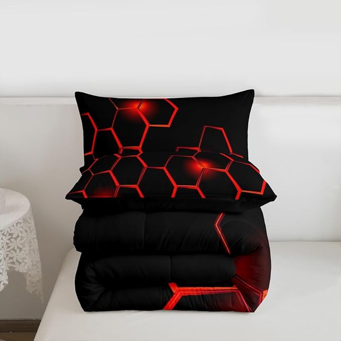 Feelyou Honeycomb Kids Comforter Set Modern Hexagon Bedding Set for Boys Children Teens Bedroom Decor Geometrical Comforter Beehive Geometric Black Red Duvet Set Full Size with 3 Pillow Case