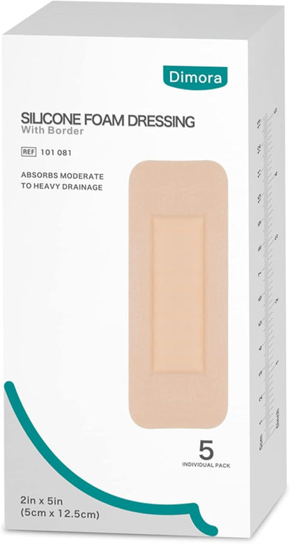 Dimora Foam Wound Dressing 2"x5" Waterproof Silicone Bandages with Adhesive Border, Super Absorbent Breathable Wound Care Products for Sensitive Skin Pack of 5