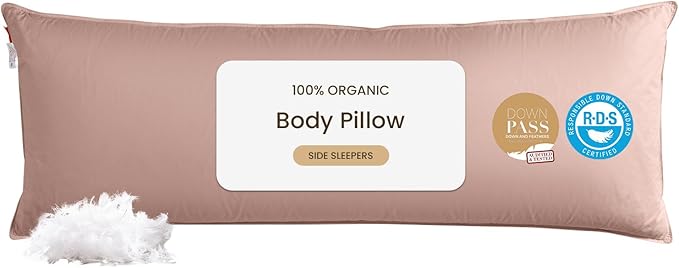 Goose Down Body Pillows for Adults, Large Body Pillow for Side Sleeper, Hugging Feather Body Pillow Insert, Cooling Full Length Long Pillow for Bed with 100% Organic Cotton Shell, (Pink 20"x72")