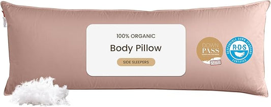 Goose Down Body Pillows for Adults, Large Body Pillow for Side Sleeper, Hugging Feather Body Pillow Insert, Cooling Full Length Long Pillow for Bed with 100% Organic Cotton Shell, (Pink 20"x72")