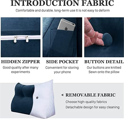 Wedge Headboard Pillow Dorm Room Reading Pillow Back Support for Sitting Up in Bed Bolster Lumbar Cushion Body Positioning Bedrest Velvet 39in Navy Blue Twin