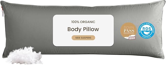 Goose Down Body Pillows for Adults, Large Body Pillow for Side Sleeper, Hugging Feather Body Pillow Insert, Cooling Full Length Long Pillow for Bed with 100% Organic Cotton Shell, 20"x72" Dark Grey
