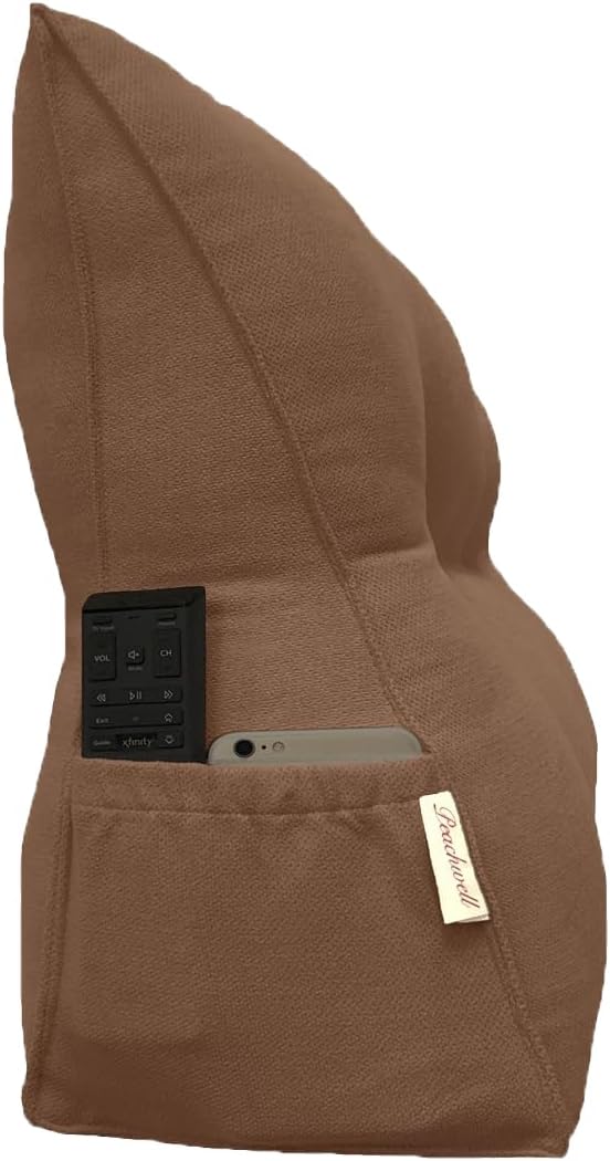 Triangular Reading Bed Rest Pillow Large Bolster Cushion Headboard Backrest Wedge Pillow with Removable Cover and Two Large Side Pockets (Brown, Twin: 39 x 8 x 20 inches)