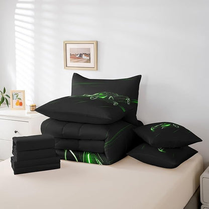 Feelyou Green Race Car 7 Piece Bedding Set Twin Size for Kids Boys Extreme Sport Games Comforter Set with Sheets Teens Toddler Fast and Furious Bed in a Bag Cool Modern Bed Set