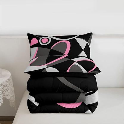 Feelyou Pink Grey and Black Comforter Retro Circle Geometrics Comforter Set Modern Abstract Art Bedding Set for Kids Boys Girls Geometrics Swirl Duvet Set Luxury Room Decor Quilt Set Full Size