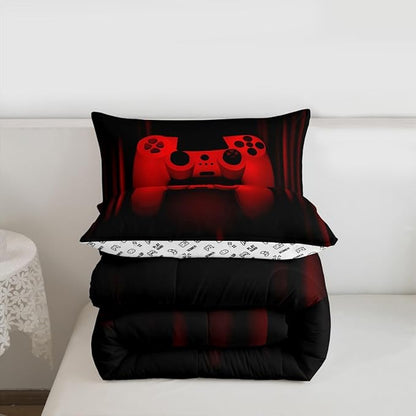 Feelyou Twin Comforter Set for Boys Gamer Bedding Set for Boys Kids Gaming Comforter Red Black Teen Child Gamer Room Decor Soft Game Geometric Duvet Quilted 1 Comforter with 1 Pillowcase Gamer Gifts