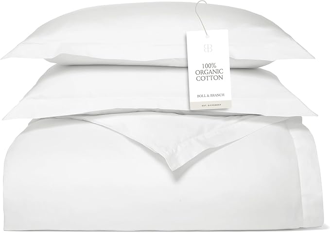 BOLL & BRANCH Signature Hemmed Duvet Set - Twin/Twin XL, White - Luxury 100% Organic Cotton - 1 Duvet Cover, 2 Shams - Buttery Soft, Hidden Closures
