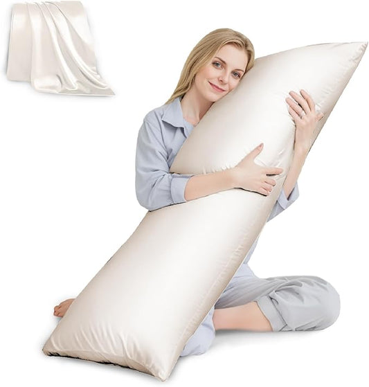 HUXMEYSON Body Pillow with Satin Pillowcase, Body Pillow for Adults, Removable Cover, Beige (20"x54")