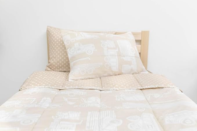 Beddy's Trucks Theme Boys Durable Zipper Bedding for Kids, Bed in a Bag, Tan Sheets & Comforter with Construction Trucks & Cars, Includes Pillowcase and Pillow Sham, Easy to Make and Wash
