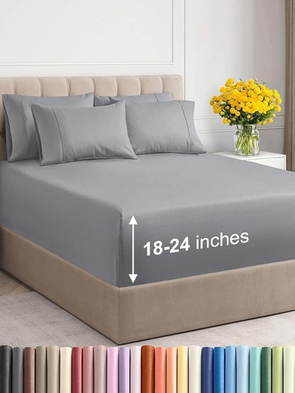 Extra Deep Queen Sheet Set - 6 Piece Breathable & Cooling Sheets - Hotel Luxury Bed Sheets Set - Easy & Secure Fit - Soft, Wrinkle Free & Comfy Sheets Set - Steel Blue Sheet Set w/Extra Deep Pockets