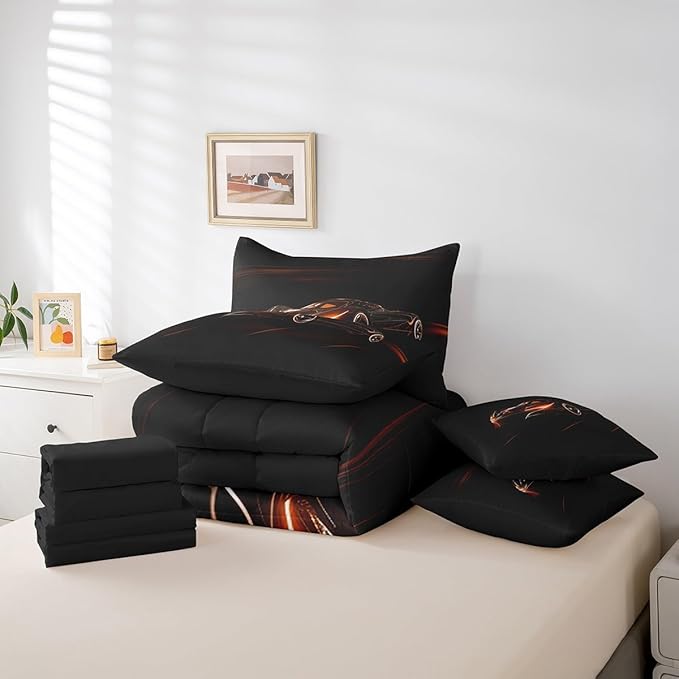 Feelyou Orange Race Car 7 Piece Bedding Set King Size for Kids Boys Extreme Sport Games Comforter Set with Sheets Teens Toddler Fast and Furious Bed in a Bag Cool Modern Bed Set