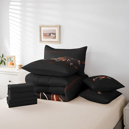 Feelyou Orange Race Car 7 Piece Bedding Set King Size for Kids Boys Extreme Sport Games Comforter Set with Sheets Teens Toddler Fast and Furious Bed in a Bag Cool Modern Bed Set