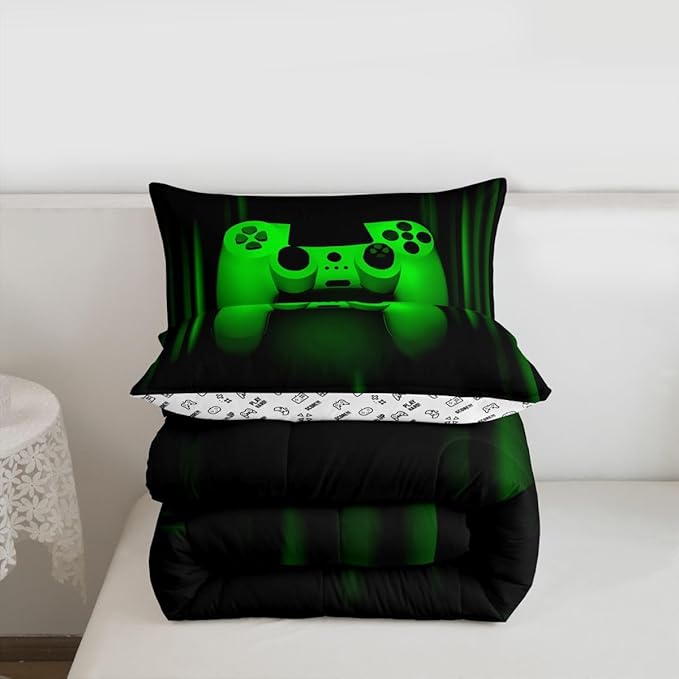 Feelyou Boys Gamer Comforter Set Queen Size Bedding Set for Kids Gaming Comforter Green Black Video Games Gamepad Room Decor for Teens Child Super Soft Geometric Duvet Quilted Son Grandson Gift