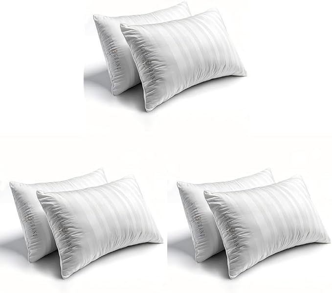 Hotel Grand Softy-Around Feather Down Pillows Queen Size Set of 6 Packs White Strip 100% Cotton Fabric Bed Pillows for All Position Sleepers,28"x20"/6 Packs