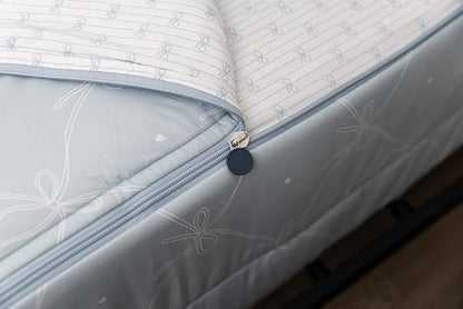 Beddy's Bow & Ribbon Themed Durable Zipper Bedding for Kids, Bed in a Bag, Baby Blue Comforter & White Pinstripe Sheets, Includes Pillowcase & Pillow Sham, Easy to Make & Wash