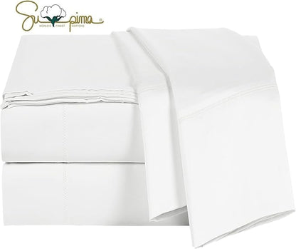 100% Supima Cotton Sheets 600 Thread Count,Bed Sheet Set Queen Size Sheets 4 Pieces,Soft & Silk Sateen Weave, Fits Mattress Up to 18",Deep Pocket, Breathable & Fade Resistant(Pure White,Queen)