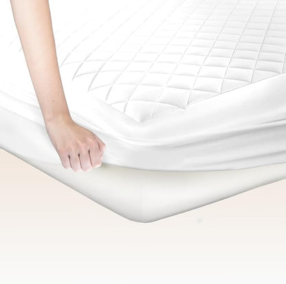 Cotton Mattress Pad - Luxury Quilted Mattress Topper Protector Plush & Breathable Machine Washable Design - with Deep Pocket (White - Queen)