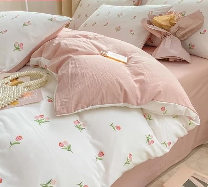 Floral Duvet Cover Queen Pink White Botanical Floral Bedding Set 3 Pieces Soft Breathable Garden Aesthetic Flower Comforter Cover with 2 Pillow Cases