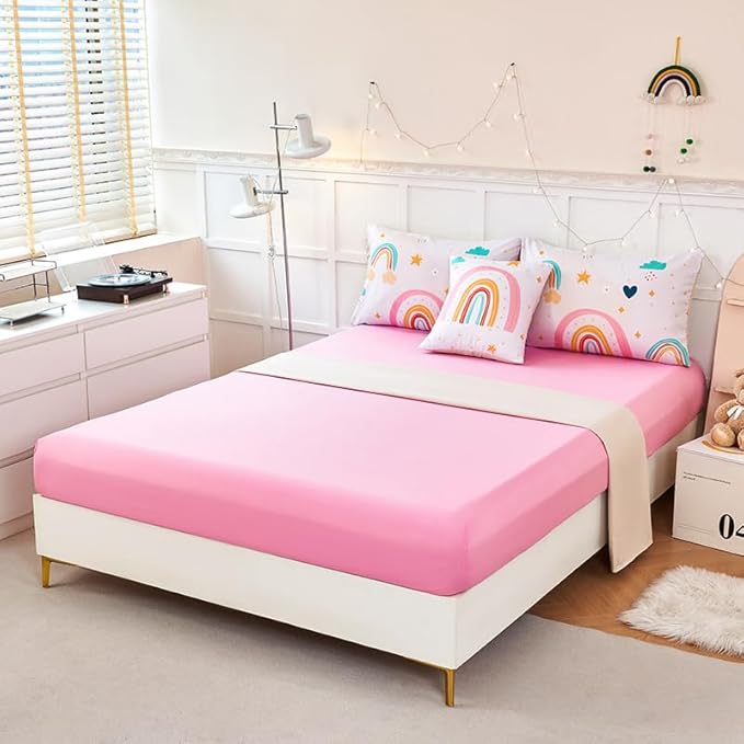 ANGIYUIN 6 Pieces Multi-Color Rainbow Twin Size Comforter Set for Girls Kids Cute Cloud and Love Hearts Girls Bedding Set Soft Microfiber Girl Bed in a Bag with Comforter, Sheets, Pillowcases