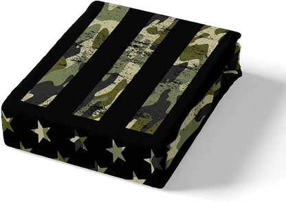 Castle Fairy Camouflage American Flag Bedding Set King Size, Patriotic Stars and Stripes Print USA Flag Duvet Cover with 2 Pillowcases, American Culture Theme Comforter Cover Room Decor Gift, Green