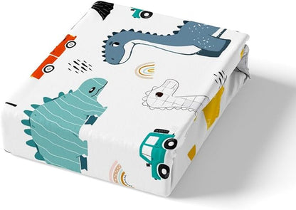 Cartoon Dino Boys Duvet Cover Set Full Size,Cute Dinosaur Animal Blue Yellow Sketch Comforter Cover with 2 Pillowcases,Cars Rainbow Trees Printed Kawaii Breathable Bedspread for Boys Teens
