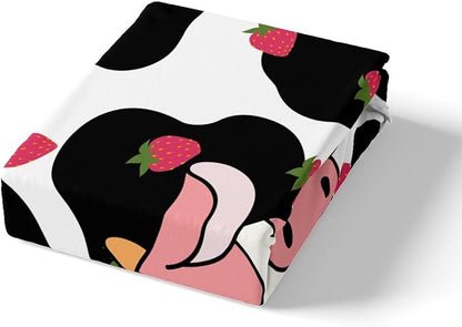 Milkshakes Cow Comforter Cover King Size, Pink Cute Cattle and Strawberry Fruit Print Duvet Cover Set with 2 Pillowcases, Milk Cow Skin Fur Pattern Kawaii Girly Style Bedding Set for Boys Teens