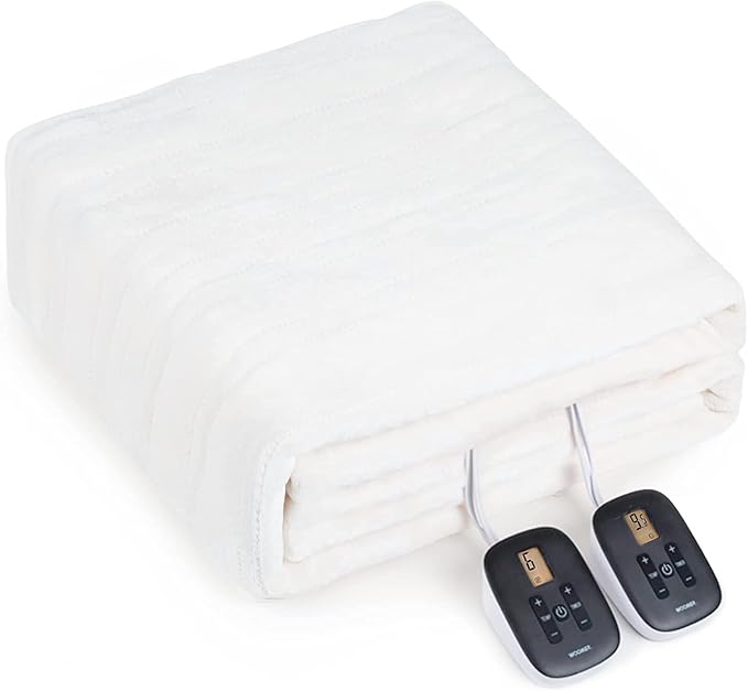 WOOMER Heated Blanket Queen Size 84" x 90", Electric Blanket with 0.5-12 Hours Timer & 10 Heating Levels, ETL Certified, White Double-Sided Velvet, Machine Washable