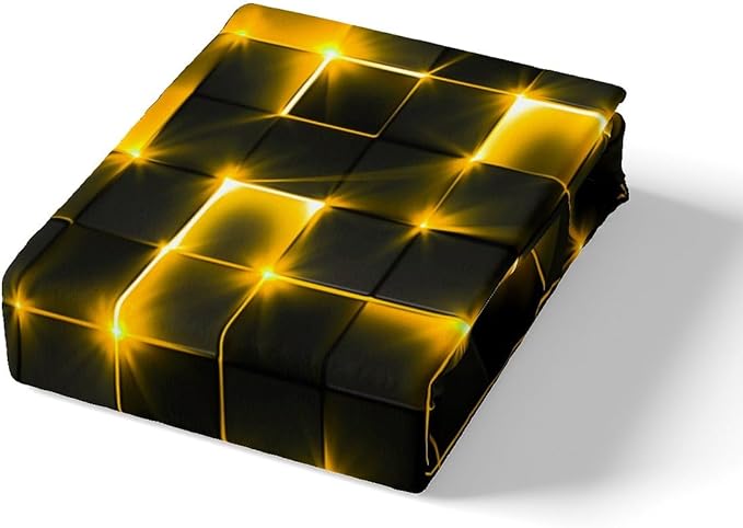 Castle Fairy Duvet Cover Queen Size,3D Modern Abstract Square Grid Duvet Cover Set for Children Adult,Golden Neon Light Geometric Print Soft Comforter Cover for Dorm Room, Zipper, Ties